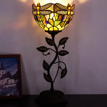 WERFACTORY Small Tiffany Table Lamp 8" Stained Glass Dragonfly Style Shade 19" Tall Antique Vintage Metal Leaf Base Mini Bedside Accent Desk Torchiere Uplight